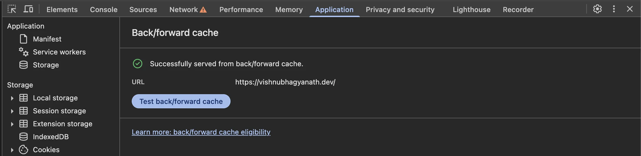 A sample output of the bfcache devtool