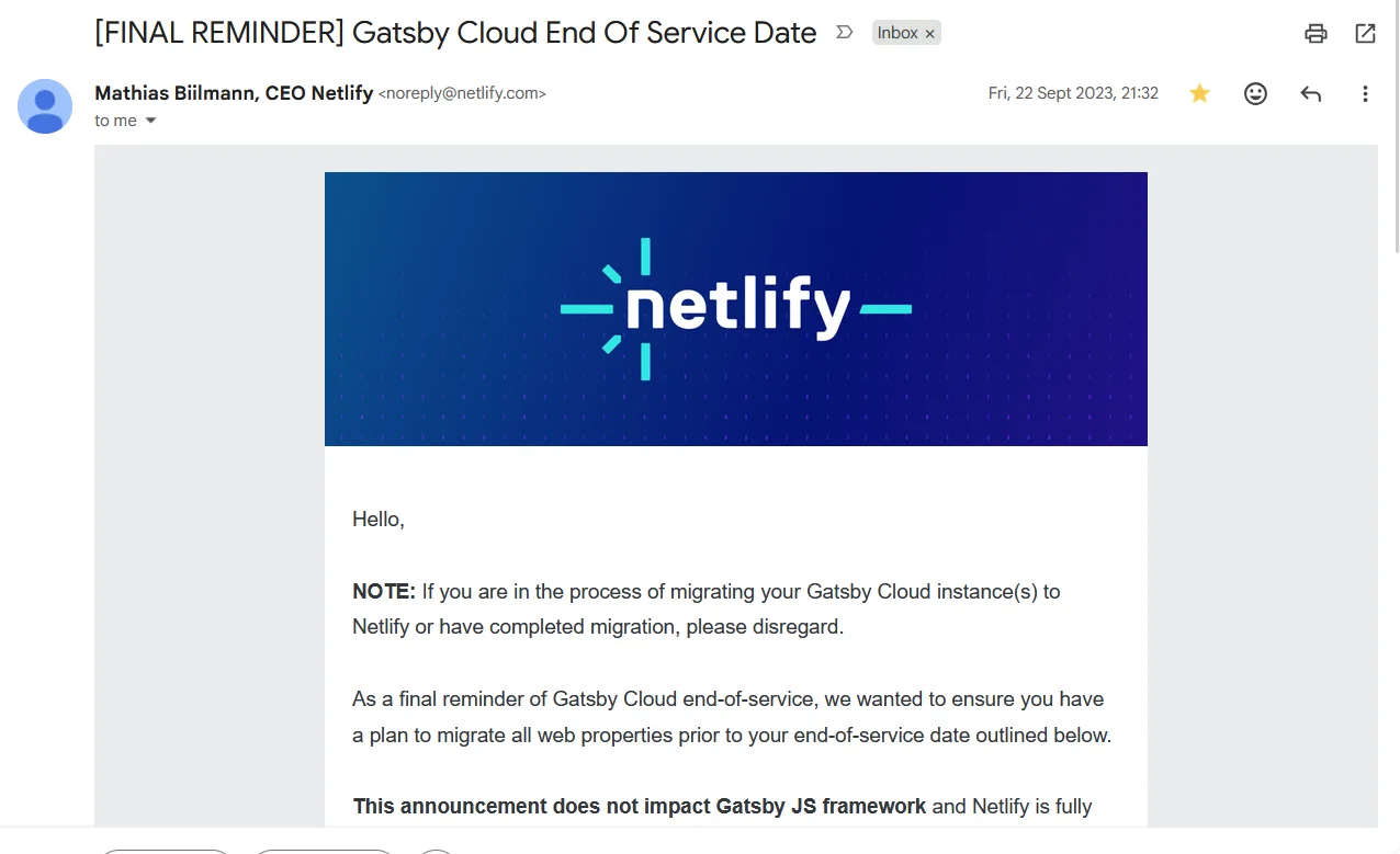 Netlify email announcing Gatsby Cloud End of Service